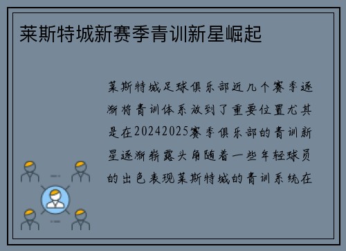 莱斯特城新赛季青训新星崛起
