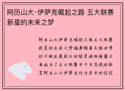 阿历山大·伊萨克崛起之路 五大联赛新星的未来之梦